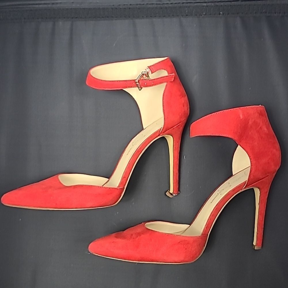 Red Stiletto Heels 9.5 Jessica Simpson Pointed Toe Ankle Strap Suede Pumps